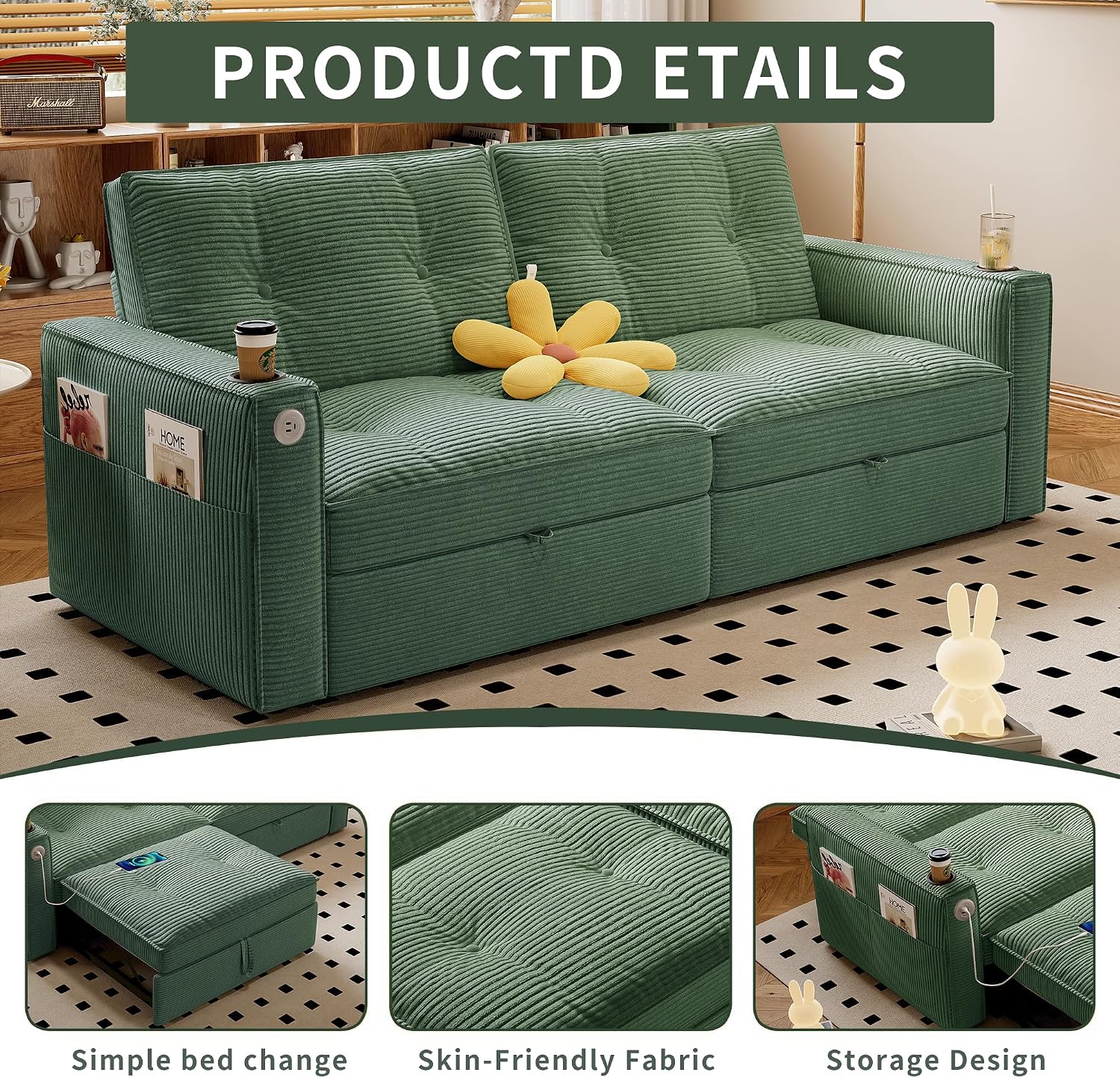 73' Queen Size Sofa Bed, Loveseat Sleeper Sofa with Pull Out Bed, Pockets and USB, Modern 2 Seater Convertible Small Couch for Living Room Bedroom Apartment (Green, Corduroy)