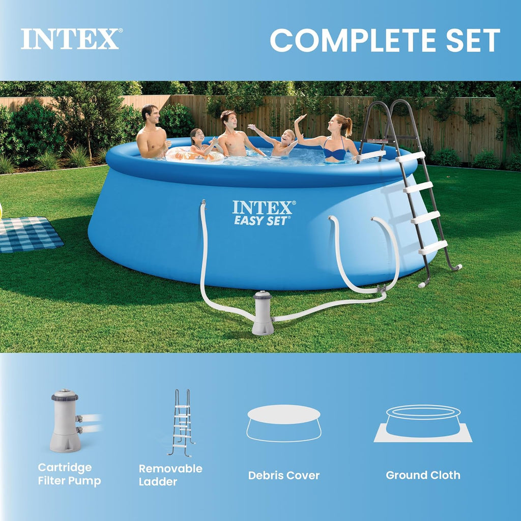 Intex 15ft x 48in Easy Set Outdoor Above Ground Swimming Pool Kit with Ladder, Cover, 1000 GPH GFCI Filter Pump and 6 Replacement Filter Cartridges