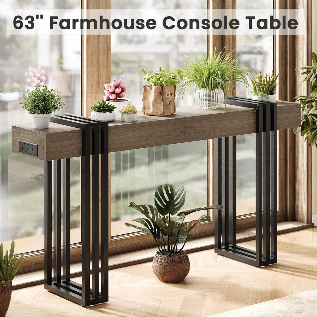 63' Long Console Table for Entryway - Behind Couch Table for Living Room, Wood Sofa Tables with Black Parallel Metal Frame & Power Outlet for Hallway, Entrance, Narrow Foyer, Light Walnut