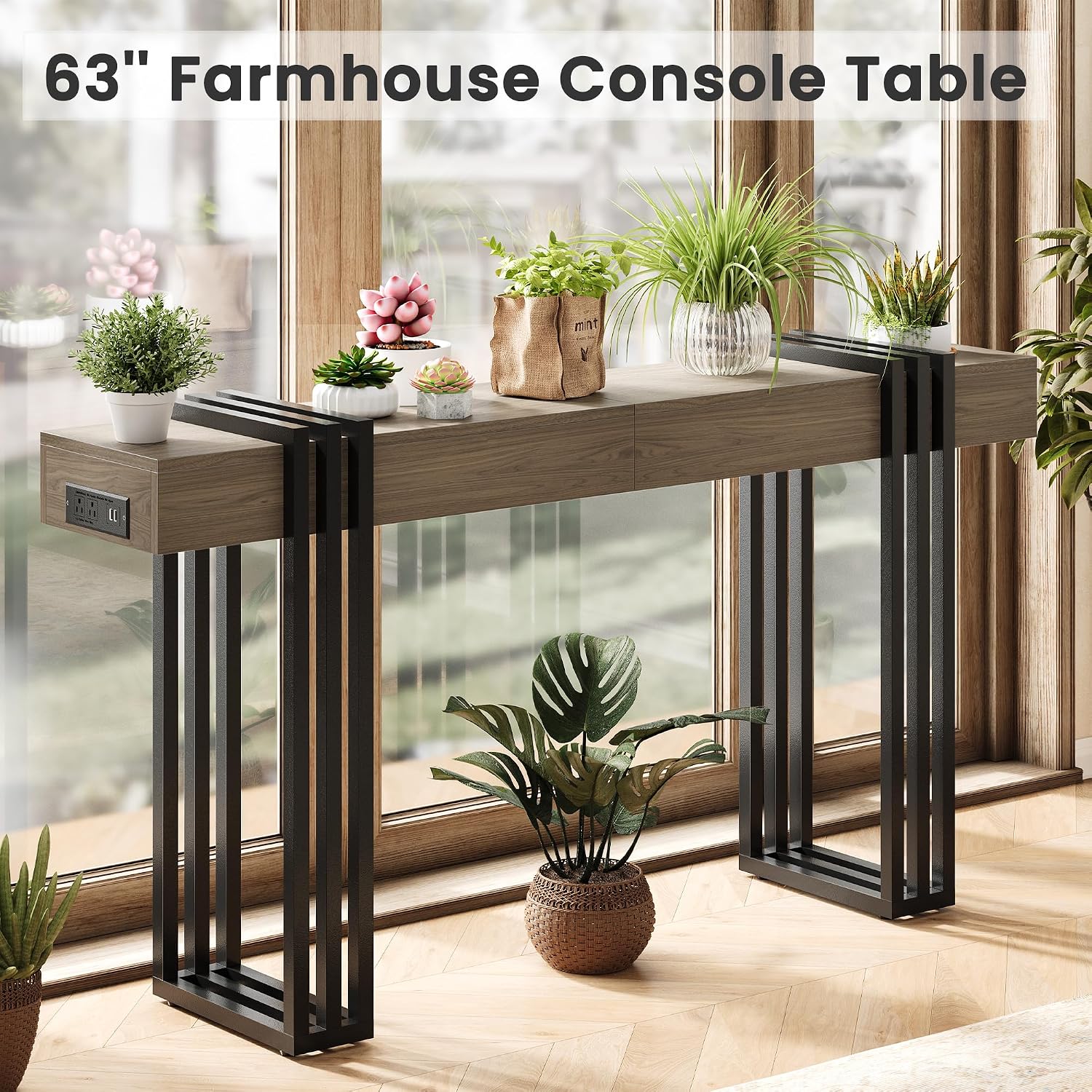 63' Long Console Table for Entryway - Behind Couch Table for Living Room, Wood Sofa Tables with Black Parallel Metal Frame & Power Outlet for Hallway, Entrance, Narrow Foyer, Light Walnut
