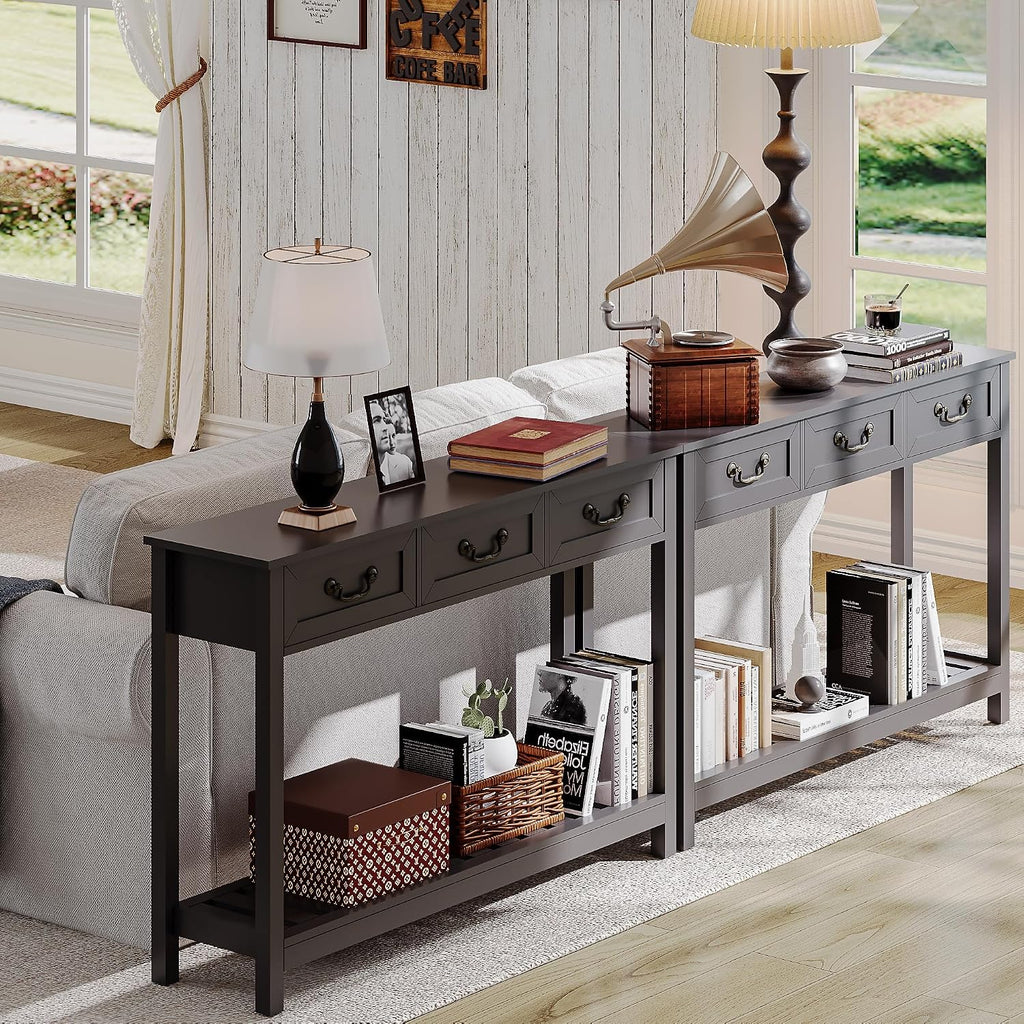 ChooChoo Console Table with 3 Drawers, Rustic Entryway Table, Narrow Long Sofa Table for Living Room, Hallway, Behind Couch, Black