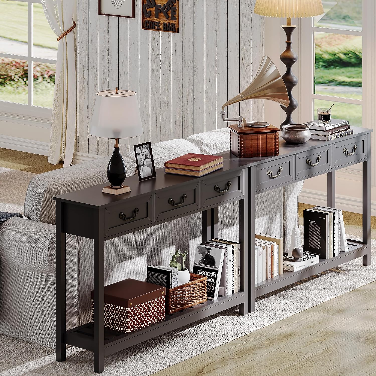 ChooChoo Console Table with 3 Drawers, Rustic Entryway Table, Narrow Long Sofa Table for Living Room, Hallway, Behind Couch, Black