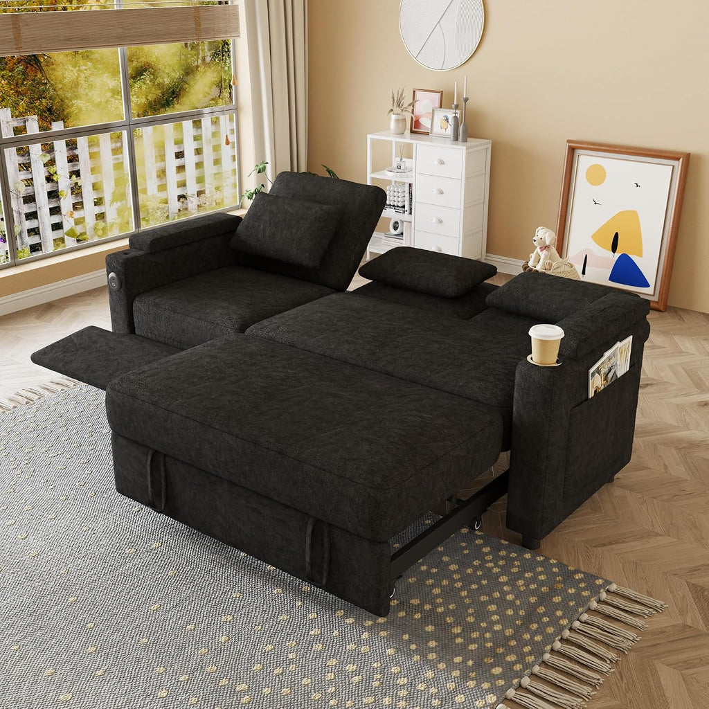 Queen Sectional Sleeper Sofa with Reclining Chair, Multi-Functional 3-Seater Couch with Pull Out Bed, Feature Cup Holder, Laptop Table and USB Port for Living Room, Apartment