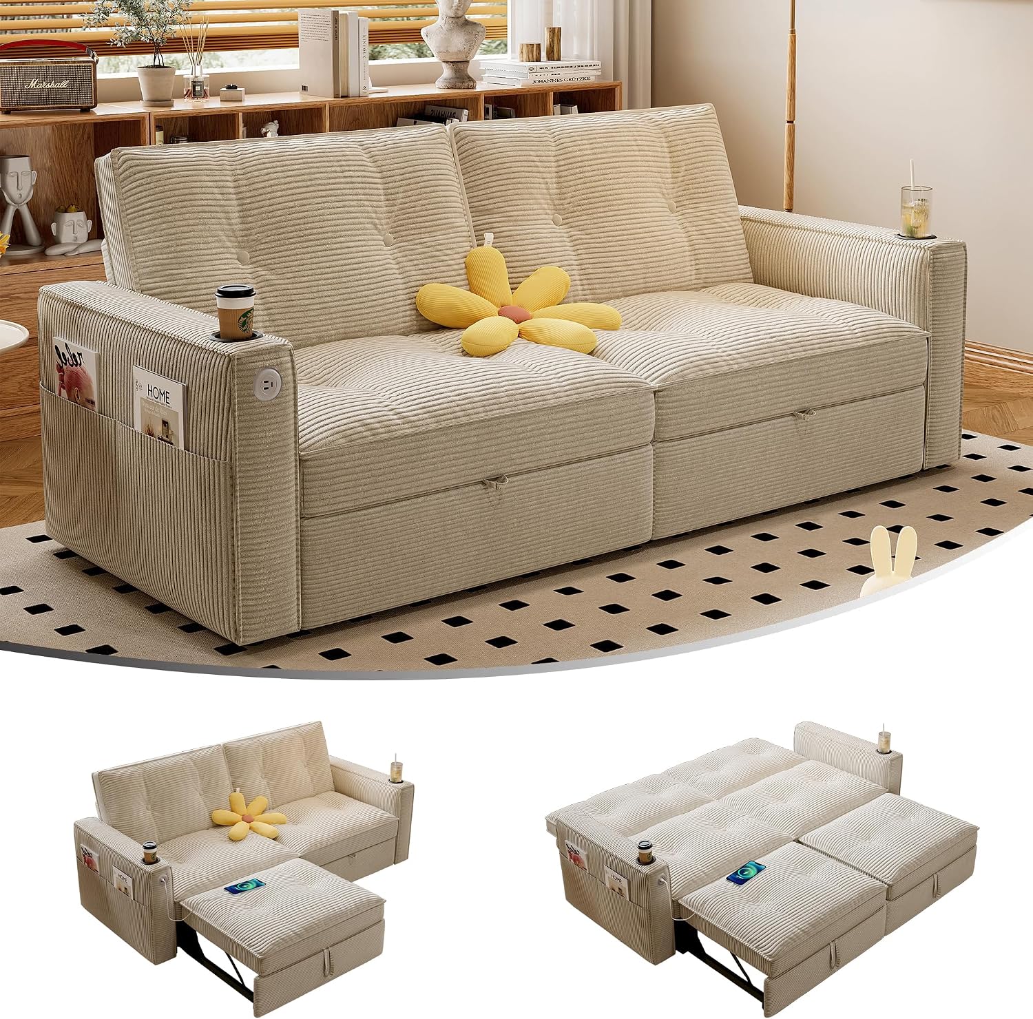 73' Queen Size Sofa Bed, Loveseat Sleeper Sofa with Pull Out Bed, Pockets and USB, Modern 2 Seater Convertible Small Couch for Living Room Bedroom Apartment (Beige, Corduroy)