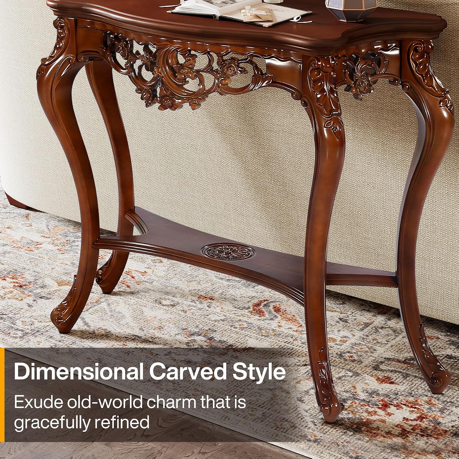 Tribesigns Antique Console Table, 38 Inch Victorian Half Moon Sofa Table with Hollow Floral Apron and Cabriole Legs, Vintage Traditional Decorative Furniture Tables for Entryway, Hallway, Living Room