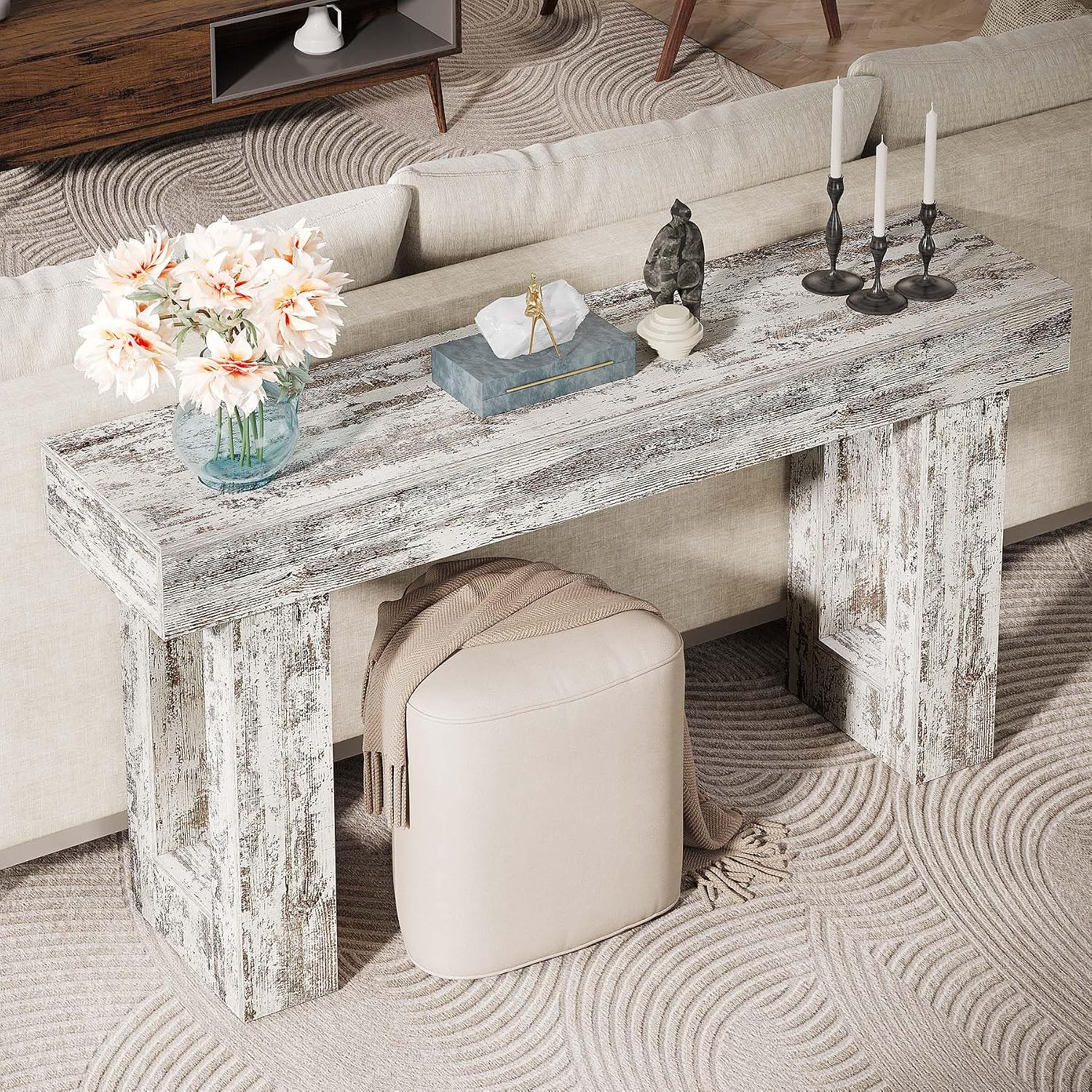 Tribesigns 63-Inch Long Console Table, Wooden Rectangular Sofa Table Behind The Couch, Farmhouse Entryway Table for Entrance, Hallway, Living Room (Distressed White)