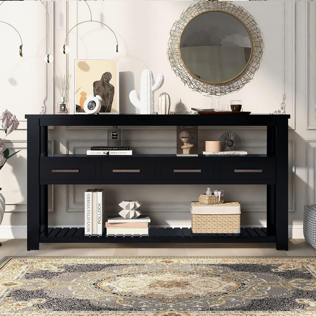 62 in Black Console Table with 4 Drawers and 3-Tier Storage Shelves, Wood Modern Sofa Table Entryway Table Side Table for Entry Way, Hallway, Couch, Living Room, Kitchen, Foyer