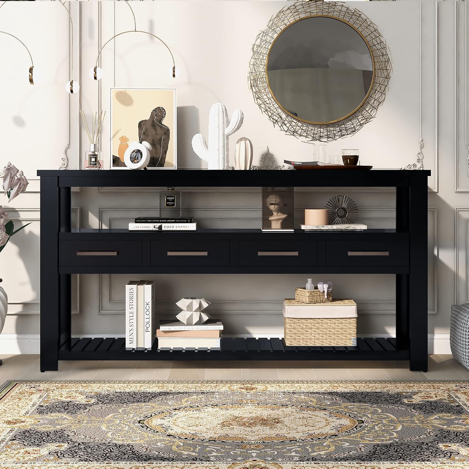 LKTART Console Table for Entryway with 4 Drawers,61.5'' Long Sofa Table with 3-Tier Open Shelves,Entry Table for Hallway,Foyer,Living Room,Black