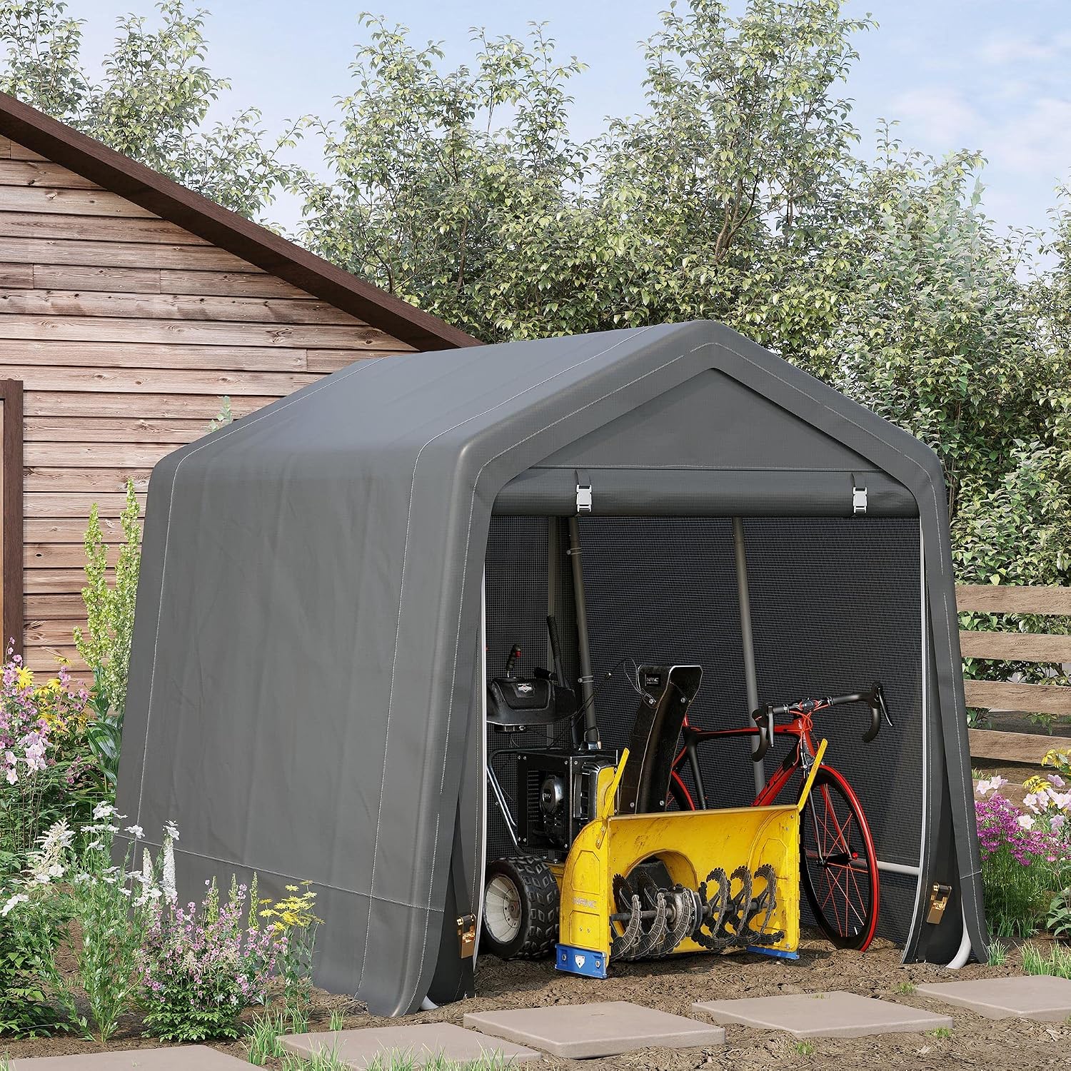 Outsunny 9' x 8' Carport Portable Garage, Heavy Duty Outdoor Shed, Patio Storage Shelter w/Anti-UV PE Cover and Double Zipper Doors, for Motorcycle Bike Garden Tools, Dark Gray