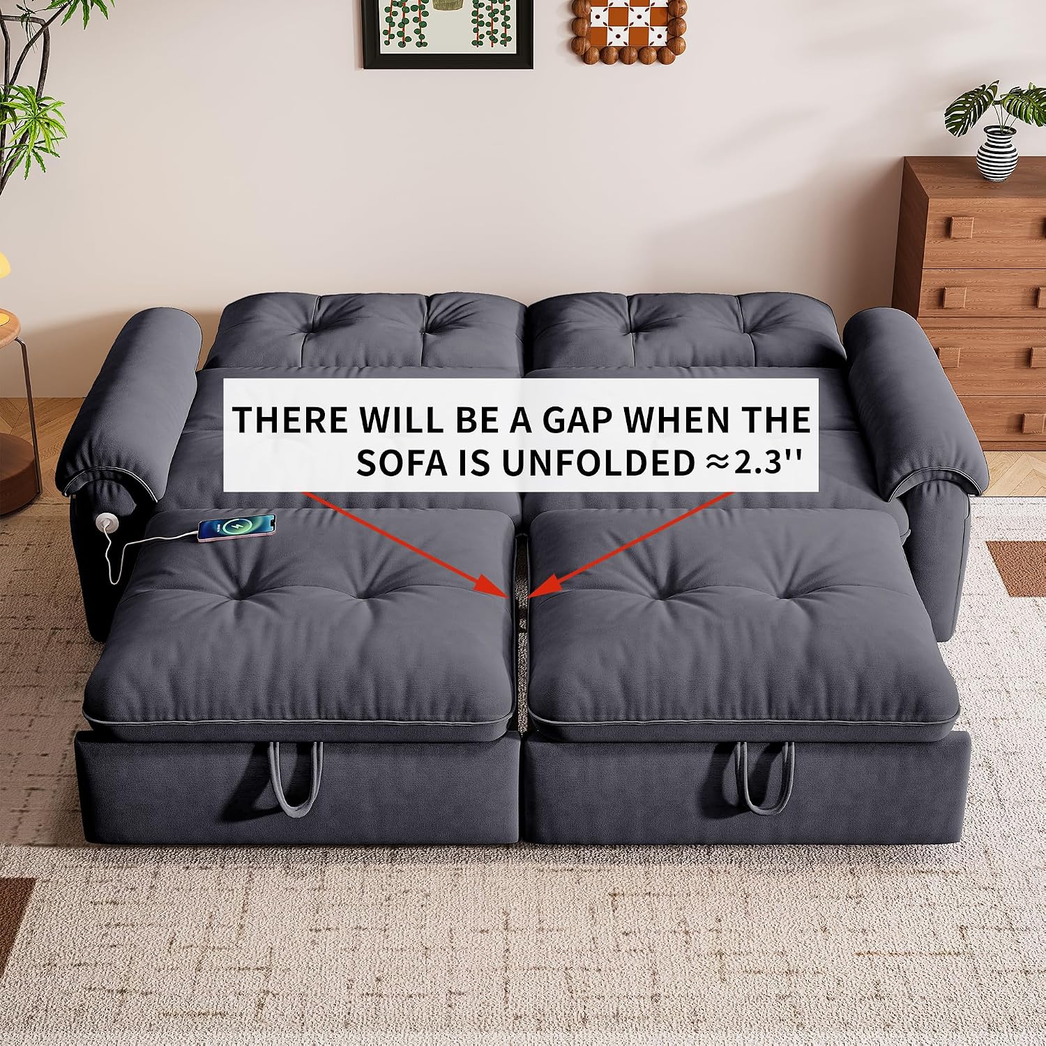 77' Queen Size Sofa Bed, Loveseat Sleeper Sofa with Pull Out Bed, Pockets and USB, Modern 2 Seater Convertible Small Couch for Living Room Bedroom Apartment, Gray