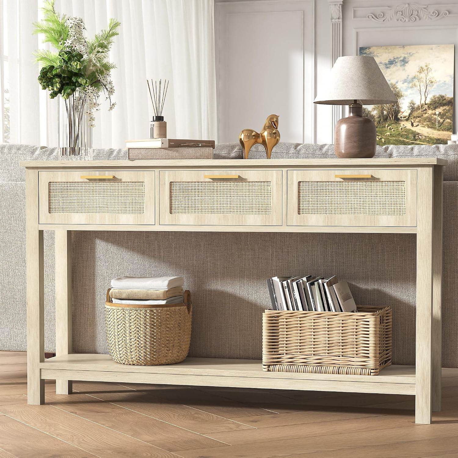 ELYKEN Rattan 51.2' Console Table with 3 Drawer, Entryway Table with Drawer & Shelf, Boho Sofa Table Behind Couch Foyer for Living Room, Hallway, Natural Wood