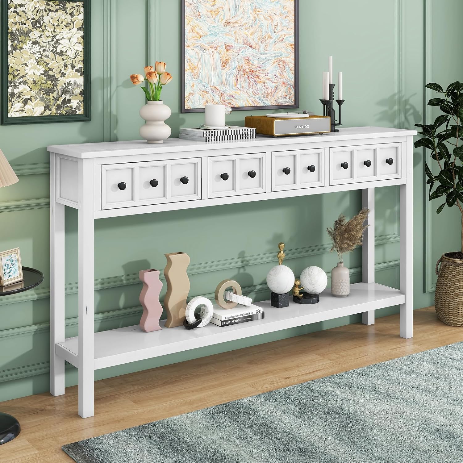 Merax Farmhouse Entryway Console Table with Storage Drawers, Wood Sofa Table Behind Couch with Shelf, for Hallway Foyer, Antique White