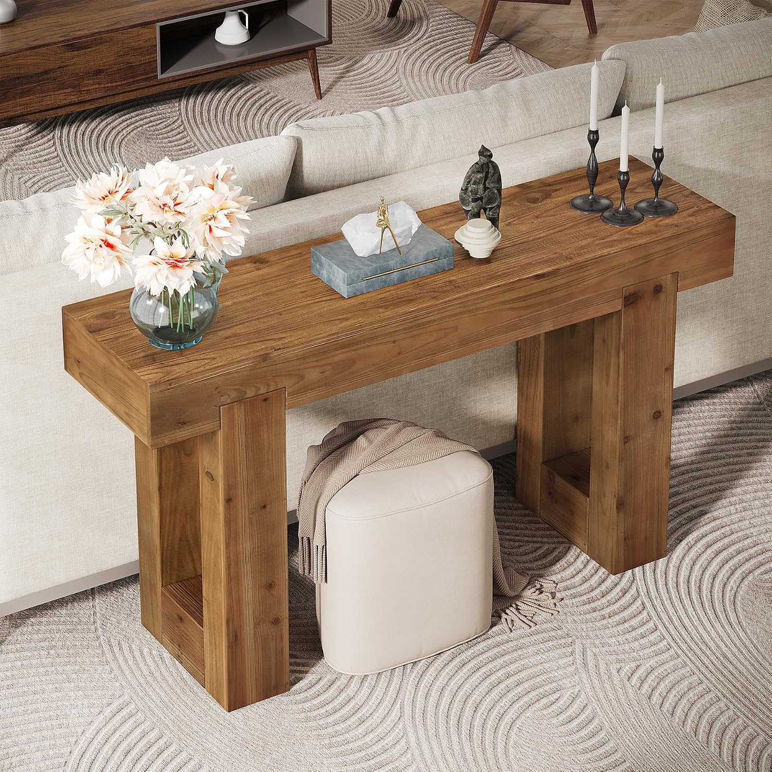 Tribesigns 55-Inch Long Console Table, Solid Wood Rectangular Sofa Table Behind The Couch, Farmhouse Entryway Table for Entrance, Hallway, Living Room (Solid Wood, Warm Brown)