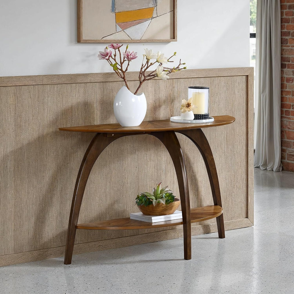 Retro Mid-Century Modern Half-Moon Wood Sofa Table with Lower Shelf, Console Table for Living Room or Entryway. Nutmeg Brown Top with Espresso Brown Legs