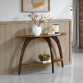 Retro Mid-Century Modern Half-Moon Wood Sofa Table with Lower Shelf, Console Table for Living Room or Entryway. Nutmeg Brown Top with Espresso Brown Legs