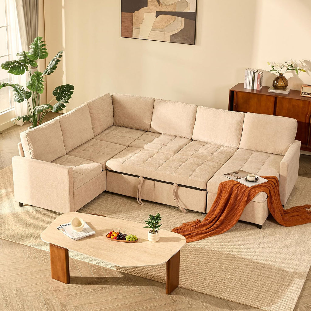 GOSUHI 107' Sleeper Sofa, Set of Modular Pieces with Pull Out Bed, U Shaped Sectional Couch with Storage, Extra Wide&Deep Seat Couches for Living Room, Removable Sofa Cover, Chenille-Flat White