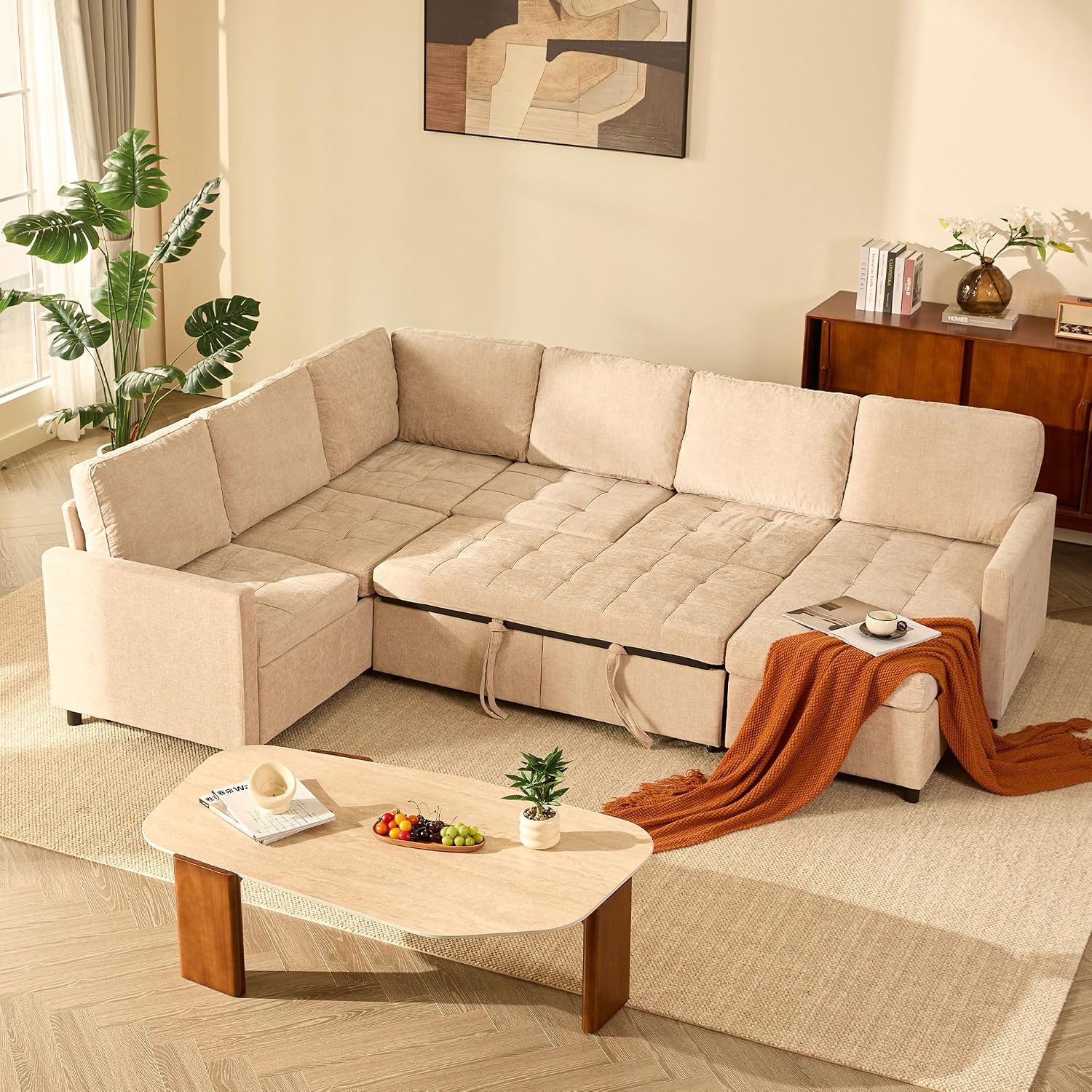 GOSUHI 107' Sleeper Sofa, Set of Modular Pieces with Pull Out Bed, U Shaped Sectional Couch with Storage, Extra Wide&Deep Seat Couches for Living Room, Removable Sofa Cover, Chenille-Flat White