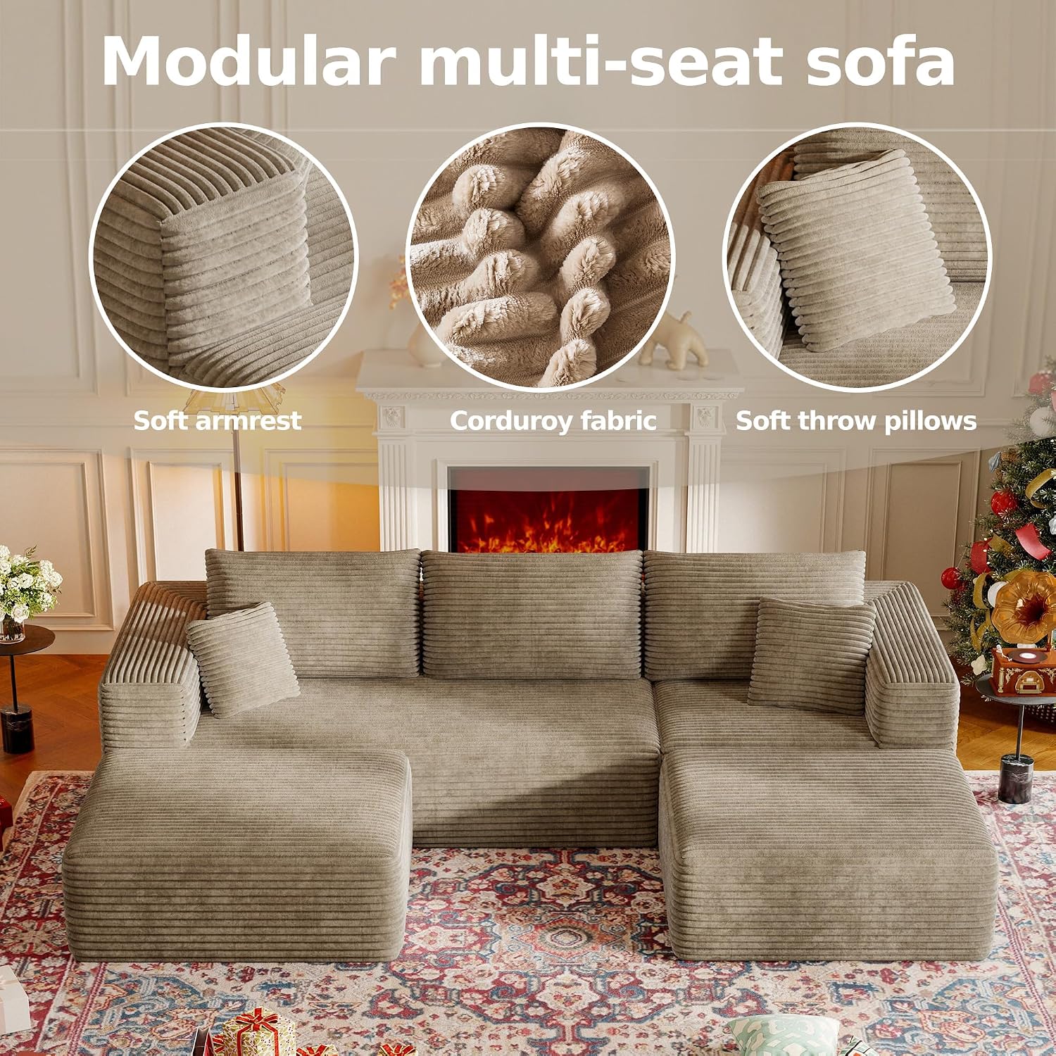 CHORRO107''Sectional Cloud Couch for Livingroom,Modular Corduroy Boneless Couch, U-Shaped Sofa with Chaise and Pillows,4-Deep Seat Sectional Sofa with 2 Ottoman,No Assembly(Camel)