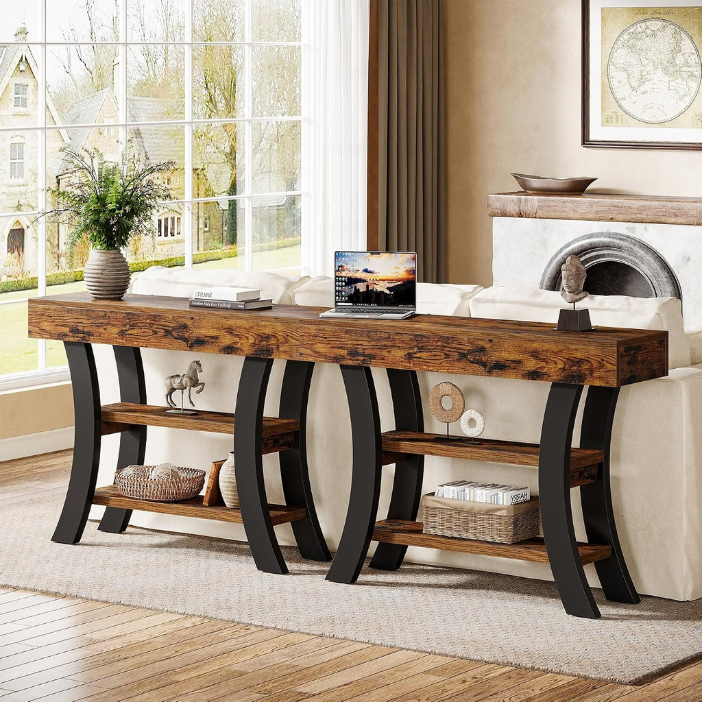 Tribesigns 41' Small Console Table for Entryway, 3-Tier Narrow Rustic Sofa Table with Storage Shelves and Curved Frame for Living Room, Entry, Hallway, Foyer, Rustic Brown