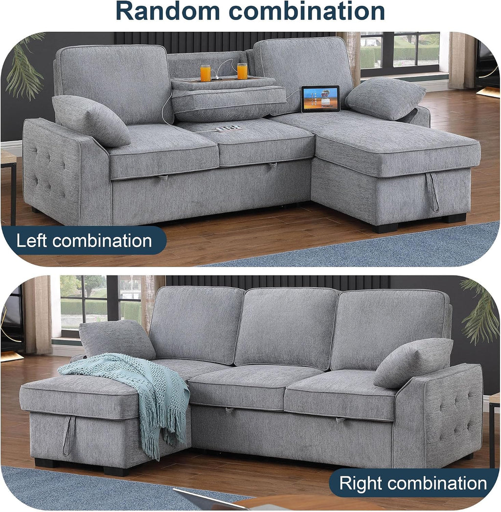 ERYE L-Shaped Pull Out Sleeper Couch Bed, Modern Chenille Upholstered Button Tufted Corner Couch Reversible Sectional Sleeper Sofa Bed W/Storage Chaise, Cup Holders