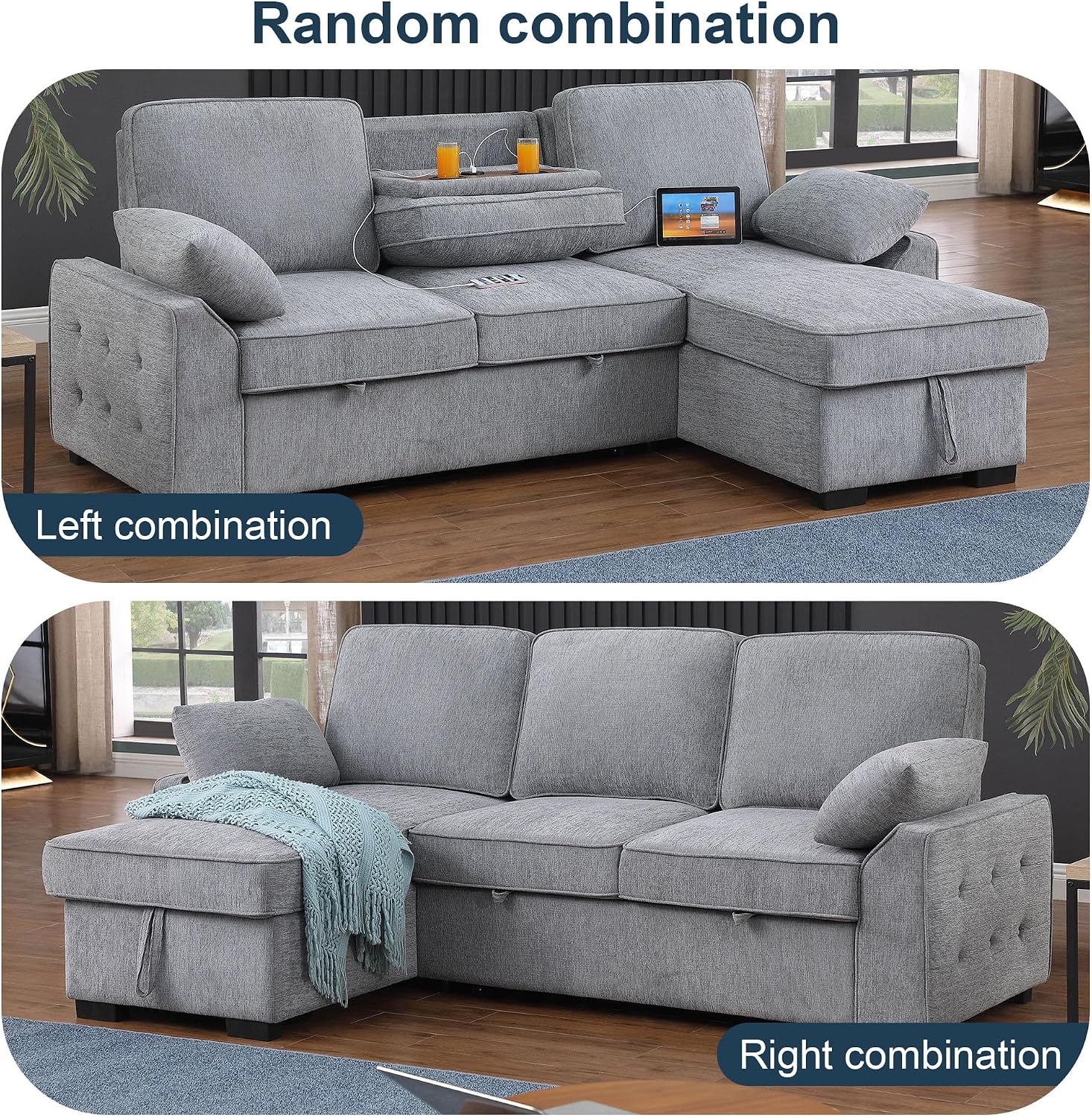 ERYE L-Shaped Pull Out Sleeper Couch Bed, Modern Chenille Upholstered Button Tufted Corner Couch Reversible Sectional Sleeper Sofa Bed W/Storage Chaise, Cup Holders