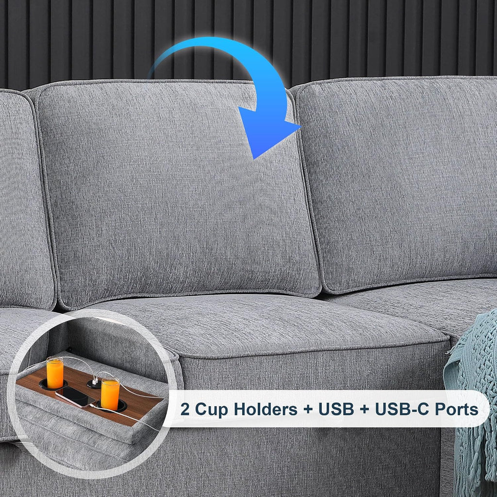 ERYE L-Shaped Pull Out Sleeper Couch Bed, Modern Chenille Upholstered Button Tufted Corner Couch Reversible Sectional Sleeper Sofa Bed W/Storage Chaise, Cup Holders