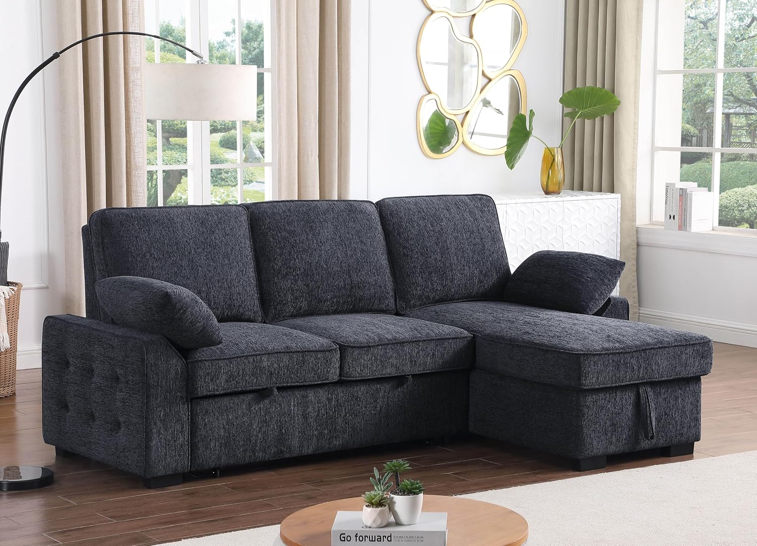 ERYE L-Shaped Pull Out Sleeper Sofa Bed, Modern Chenille Upholstered Button Tufted Corner Reversible Sleeper Sectional Sofa Couch with Storage Chaise, Drop-Down Table, Cup Holders and Charging Ports
