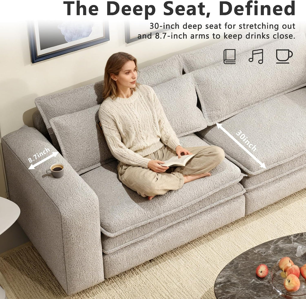 93' Sleeper Sofa Bed King Size, Teddy Pull Out Couch, 3 in 1 Convertible Futon Couches, Modern Deep Seat Daybed with 2 Pillows, Recliner Loveseat for Living Room, Apartment, Office, Grey