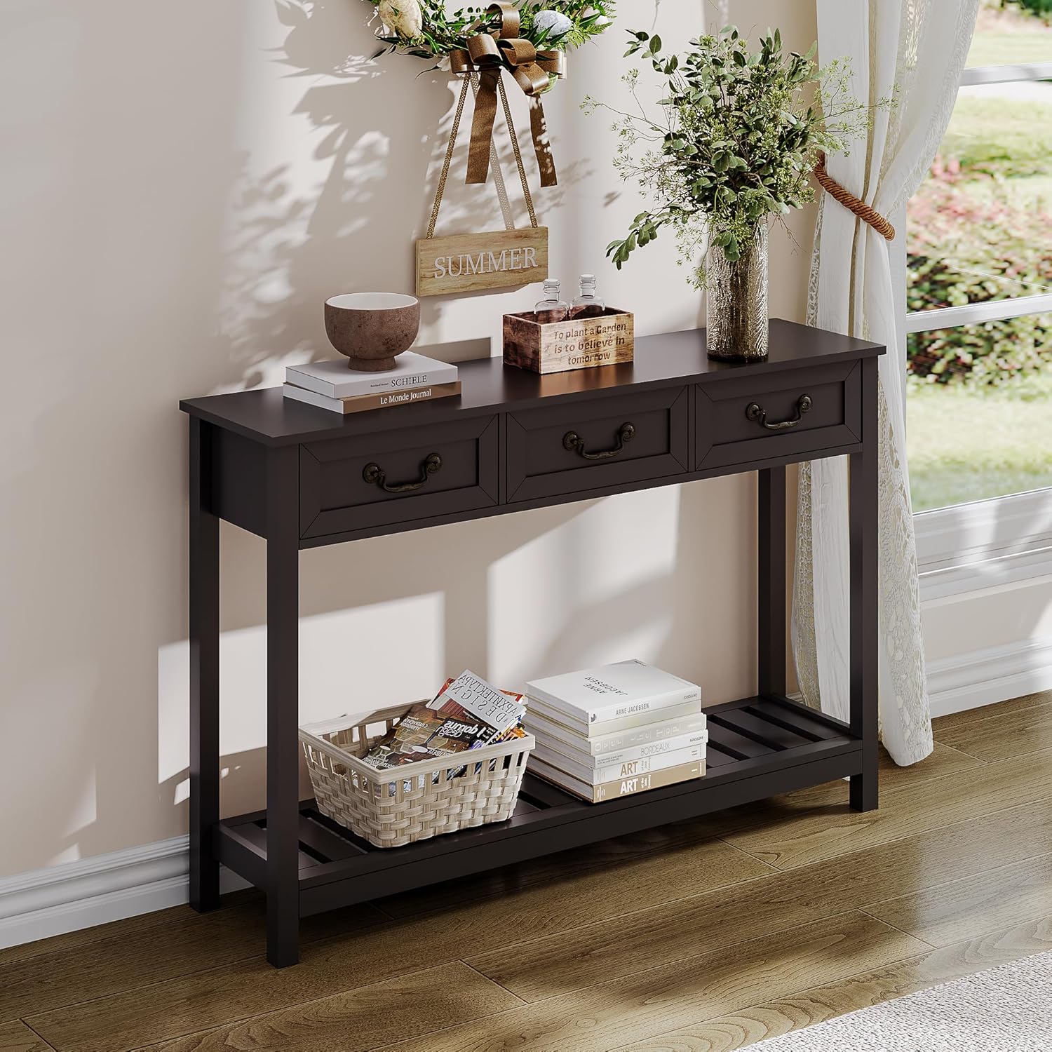ChooChoo Console Table with 3 Drawers, Rustic Entryway Table, Narrow Long Sofa Table for Living Room, Hallway, Behind Couch, Black