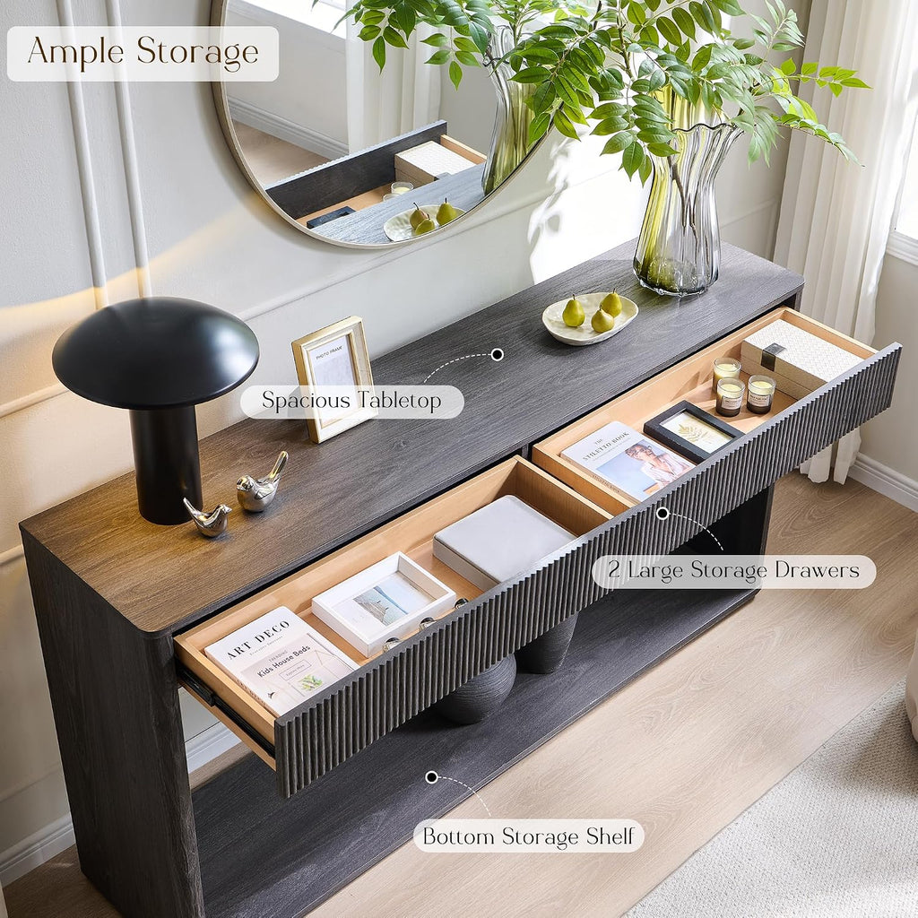 OKD 63' Fluted Console Table for Entryway, Modern Entryway Table with 2 Large Drawers, Long Sofa Table Behind Couch for Living Room, Hallway, Couch, Foyer，Dark Alder