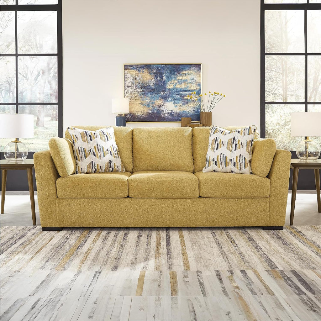 Signature Design by Ashley Keerwick Scandinavian 2-in-1 Sofa Sleeper with Folding Gel Memory Foam Mattress and 4 Pillows, Queen, Yellow