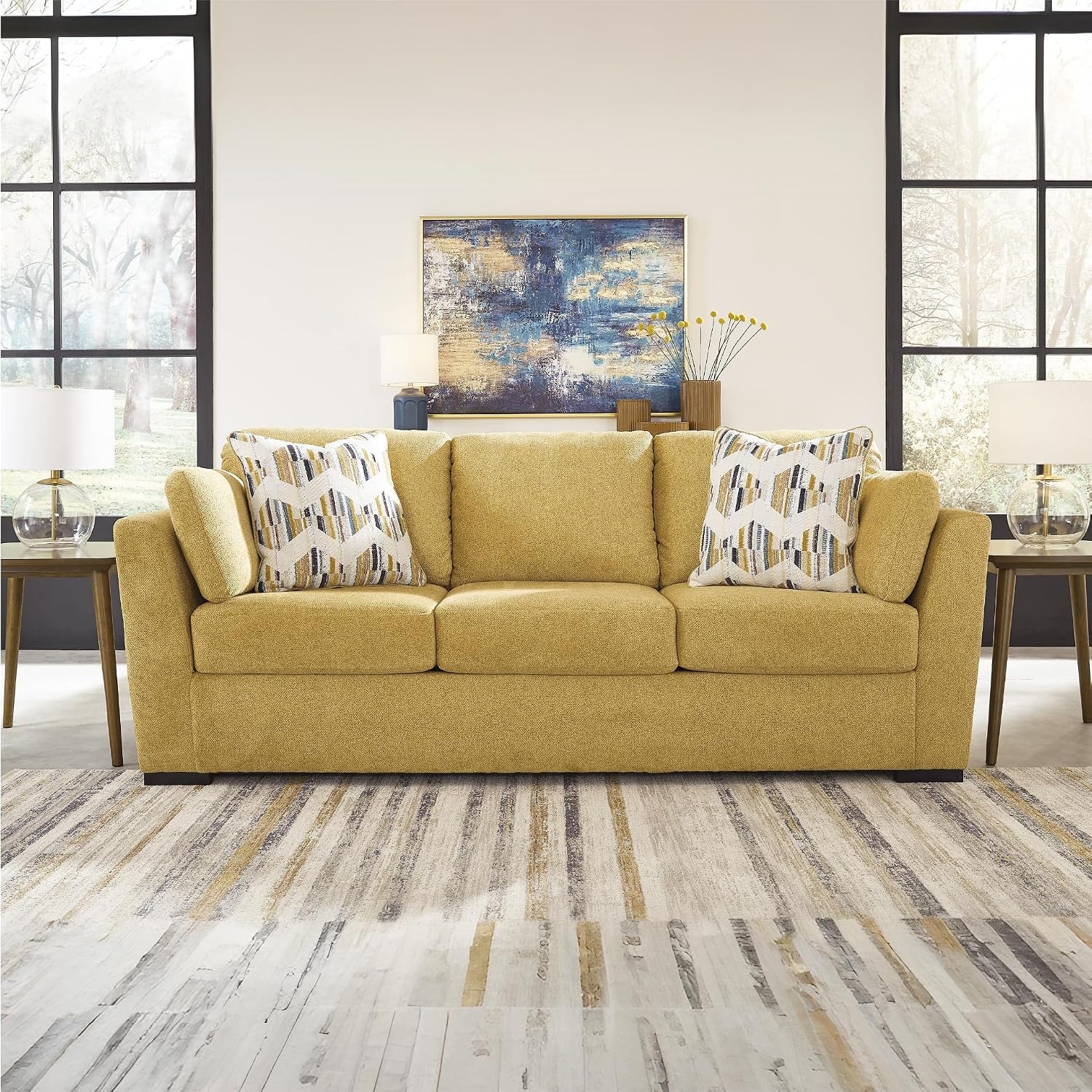 Signature Design by Ashley Keerwick Scandinavian 2-in-1 Sofa Sleeper with Folding Gel Memory Foam Mattress and 4 Pillows, Queen, Yellow