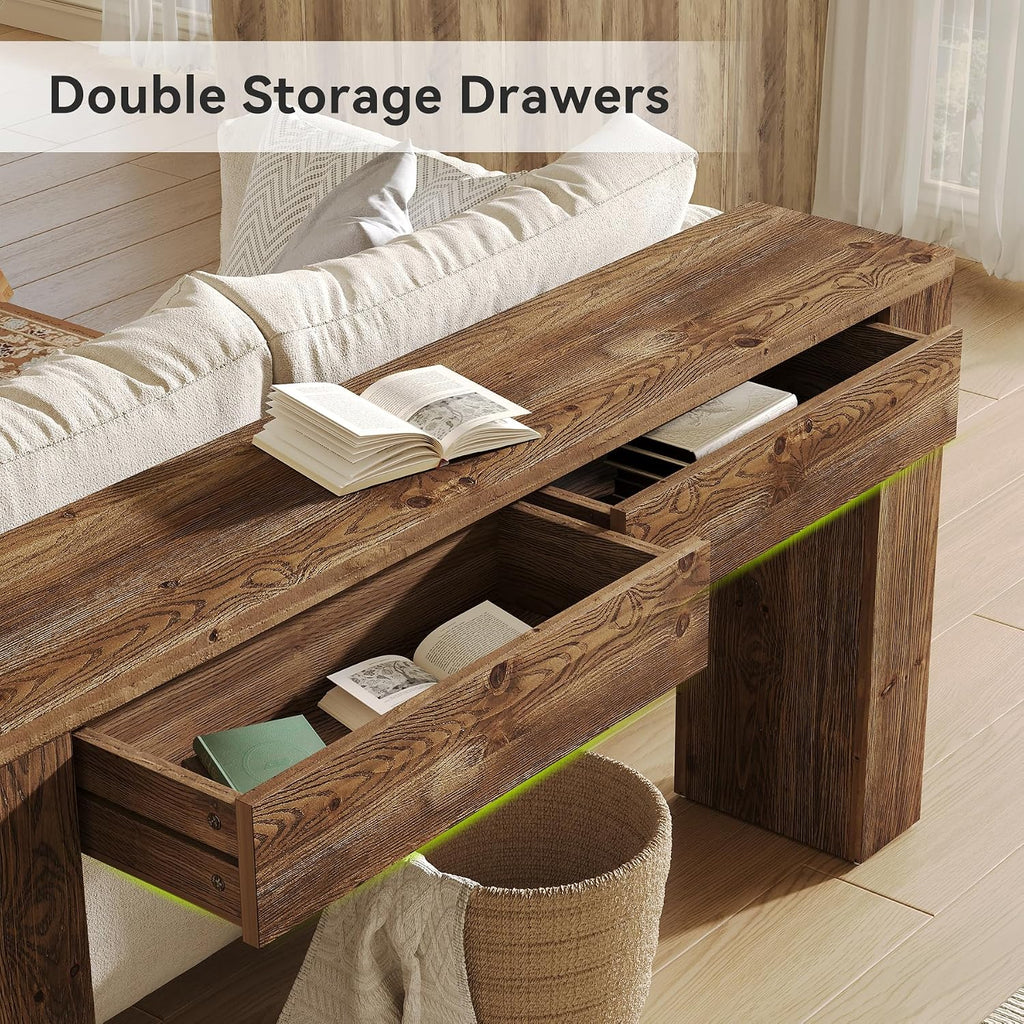 LITTLE TREE Sofa Table with 2 Drawers, 63 Inches Extra Long Console Table, Solid Wood Sofa Table Behind Couch, Large Entryway Hallway Foyer Tables for Living Room, Entrance, Rustic Brown