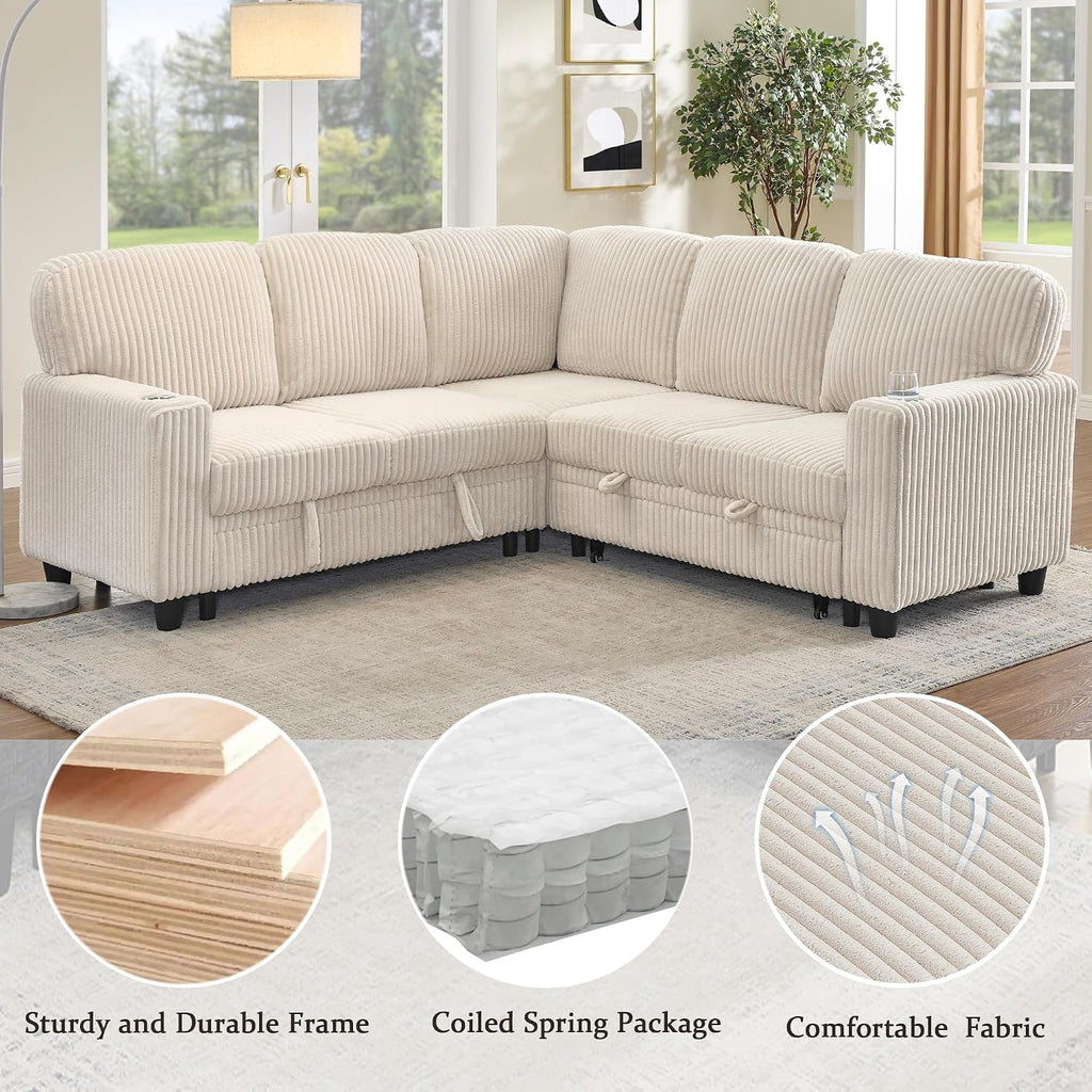 L-Shaped Sectional Couch with Storage and Pull Out Bed, Convertible Sofa Bed with USB Charging and Cup Holders, 5-Seat Modular Sleeper Sofas Convertible Couches for Living Room, Beige