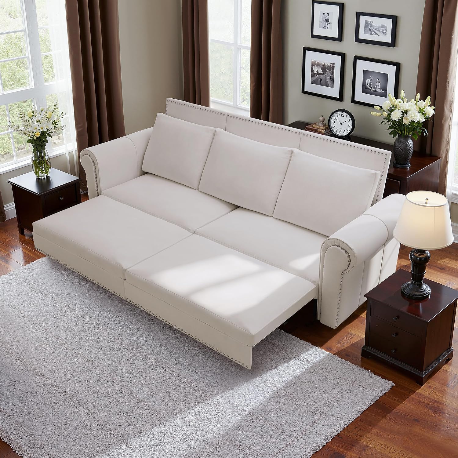 Casaphoria 93.7 Inch Pull Out Sleeper Sofa Beds, 3 in 1 Velvet Convertible Sofa Bed Couch, Vintage Loveseat Sofa Couch Bed for Apartment, Bedroom, Living Room, King Size White