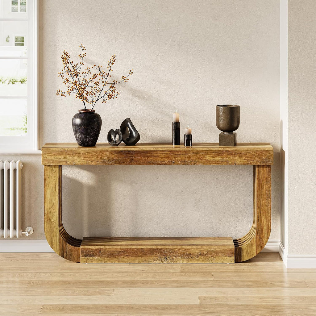 LITTLE TREE 70.9-Inch Extra Long Narrow Console Table, 2-Tier Brown Wooden Sofa Table for Living Room, Large Hallway Foyer Table with Heavy Duty U-Shaped Pedestal