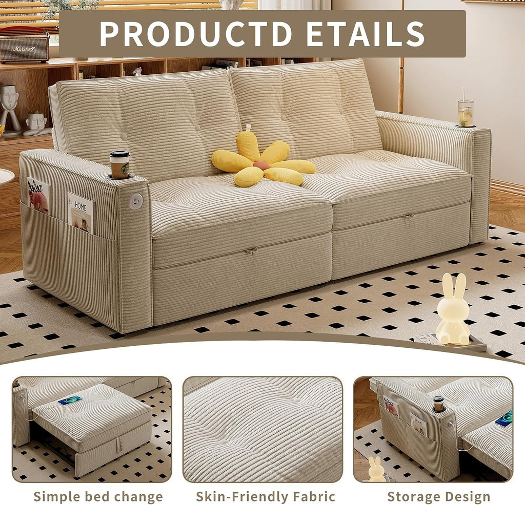 73' Queen Size Sofa Bed, Loveseat Sleeper Sofa with Pull Out Bed, Pockets and USB, Modern 2 Seater Convertible Small Couch for Living Room Bedroom Apartment (Beige, Corduroy)