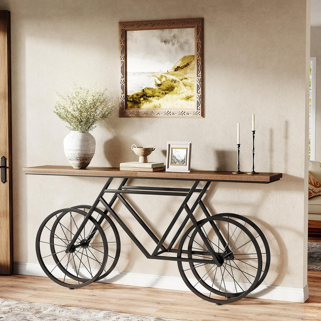 LITTLE TREE Narrow Sofa Table, 70.9-Inch Extra Long Console Table for Living Room, Entryway, with Unique Bicycle Metal Base. Rustic Brown