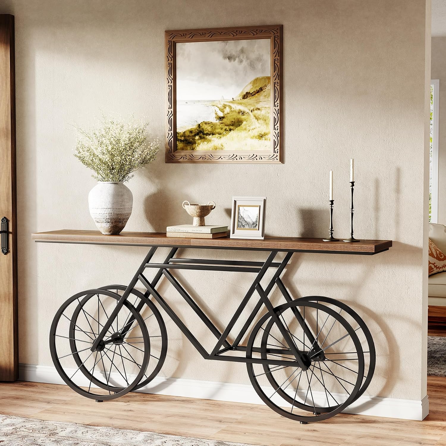 LITTLE TREE Narrow Sofa Table, 70.9-Inch Extra Long Console Table for Living Room, Entryway, with Unique Bicycle Metal Base. Rustic Brown