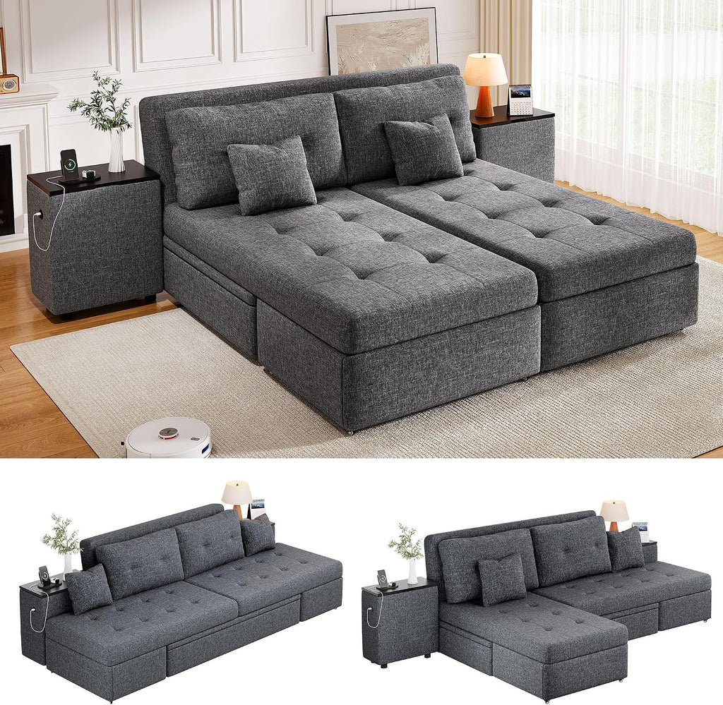 DWVO Queen Size Sofa Bed, 5-in-1 Multi-functional Convertible Sleeper Sofa with 2 Storage Cabinet Nightstand & USB Ports, 100' Sectional Sofa Couch with 2 Comfy Pillows for Living Room Apartment, Grey