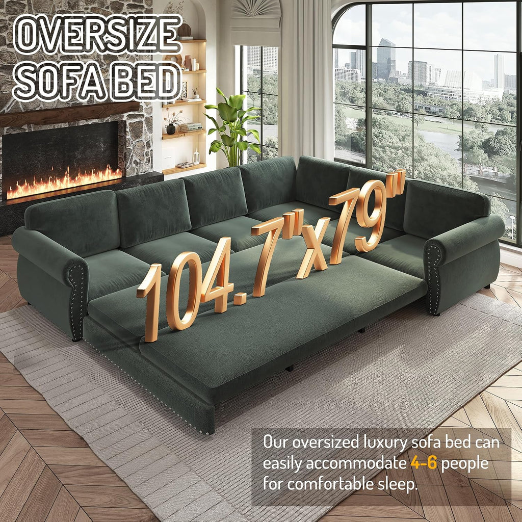 118'' Pull Out Couch, Convertible Sleeper Sofa Bed, Upholstered Sectional Sofa, Chenille L-Shaped Couch with Nailhead Trim, 6-Seater Modern Sectional Couches for Living Room, Apartment, Green