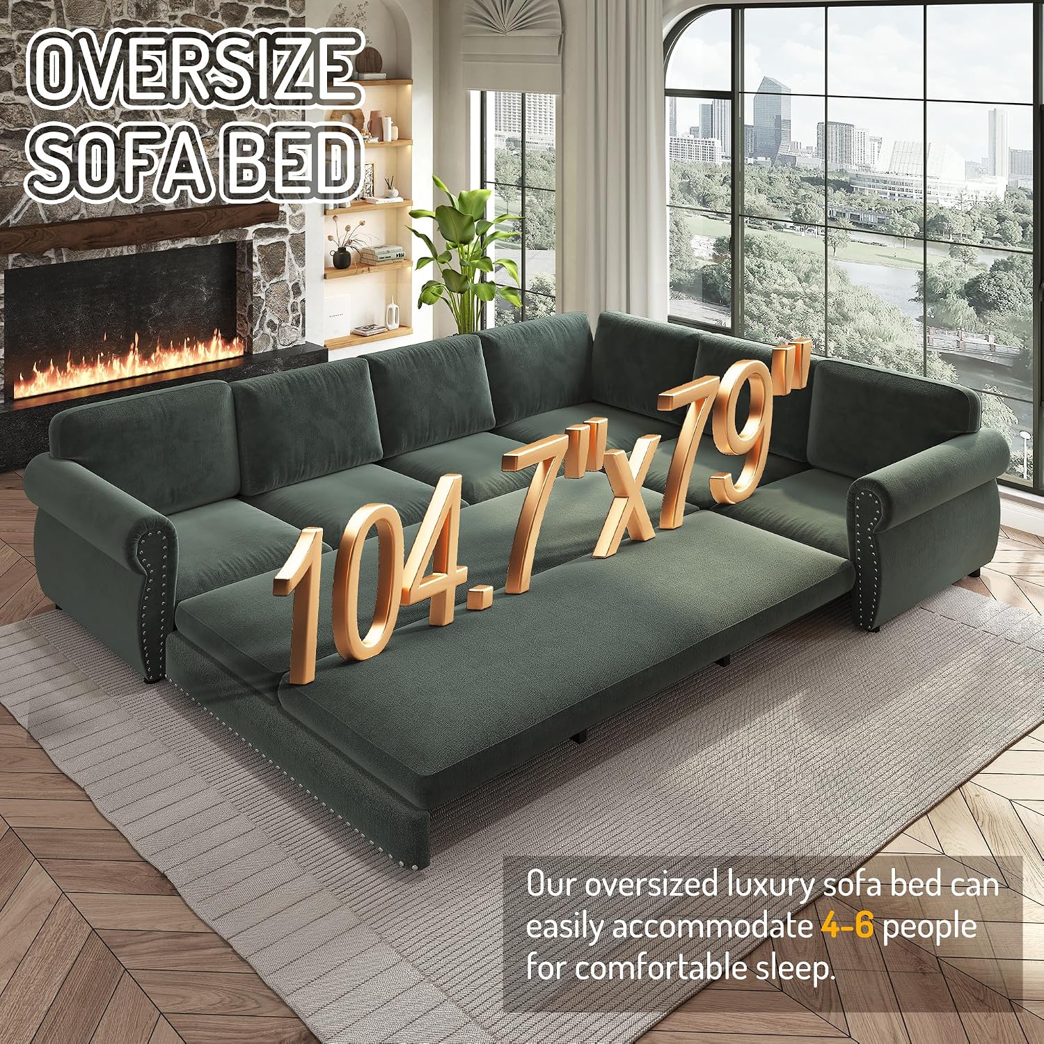 118'' Pull Out Couch, Convertible Sleeper Sofa Bed, Upholstered Sectional Sofa, Chenille L-Shaped Couch with Nailhead Trim, 6-Seater Modern Sectional Couches for Living Room, Apartment, Green