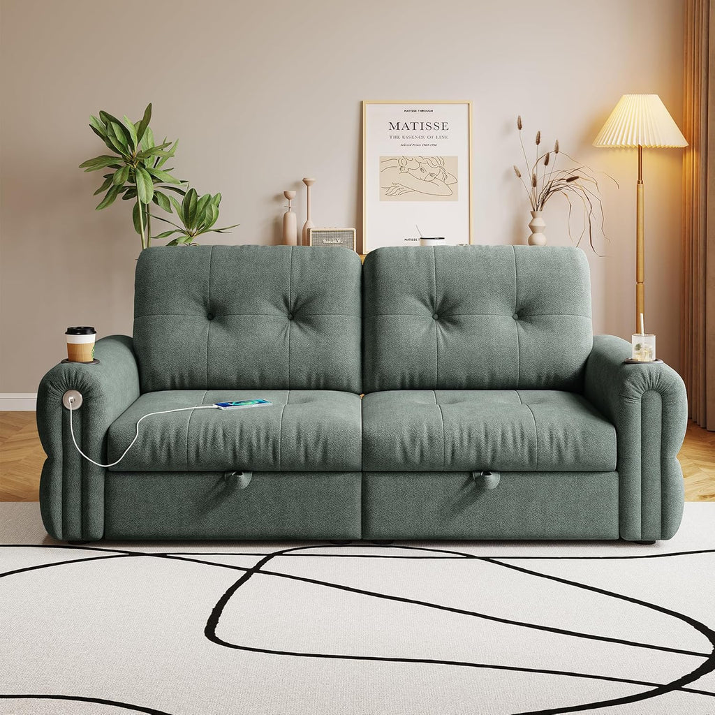 77' Queen Size Sofa Bed, Loveseat Sleeper Sofa with Pull Out Bed and USB, 2 Seater Convertible Small Couch for Living Room Bedroom Apartment (Green, Chenille)