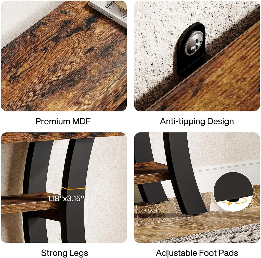 Tribesigns 41' Small Console Table for Entryway, 3-Tier Narrow Rustic Sofa Table with Storage Shelves and Curved Frame for Living Room, Entry, Hallway, Foyer, Rustic Brown
