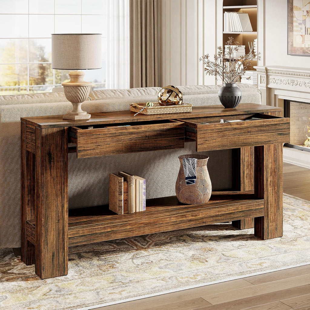 Tribesigns 63-Inch Console Table with 2 Drawers, 2-Tier Wooden Sofa Table Behind Couch, Farmhouse Entryway Console with Storage Shelf for Living Room, Entrance, Hallway (Dark Brown)