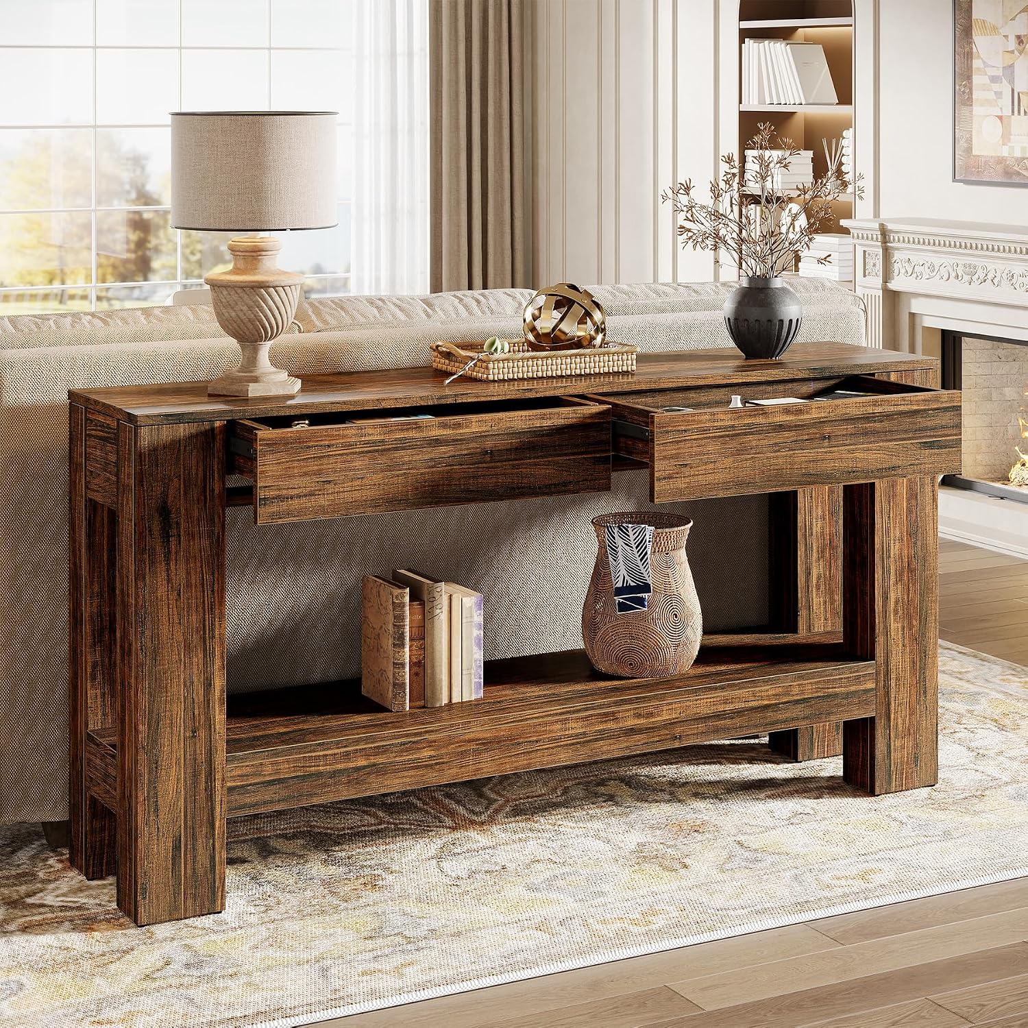 Tribesigns 63-Inch Console Table with 2 Drawers, 2-Tier Wooden Sofa Table Behind Couch, Farmhouse Entryway Console with Storage Shelf for Living Room, Entrance, Hallway (Dark Brown)