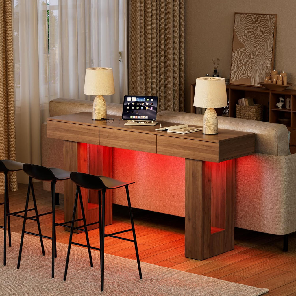 PAKASEPT 63-Inch Long Console Table with Colorful LED Lights and 3 Drawers, Wooden Rectangular Sofa Table Behind The Couch, Farmhouse Entryway Table for Entrance, Hallway, Living Room
