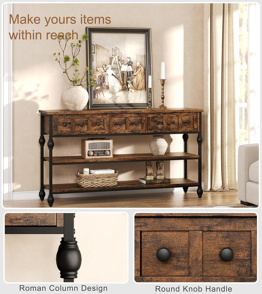 Garvee Console Sofa Table 53 in, Entryway Table with 3 Drawers, 3 Tier Metal Sofa Table, Open Shelf Behind Couch Table for Hallway, Living Room, Roman Column Design, Rustic Brown