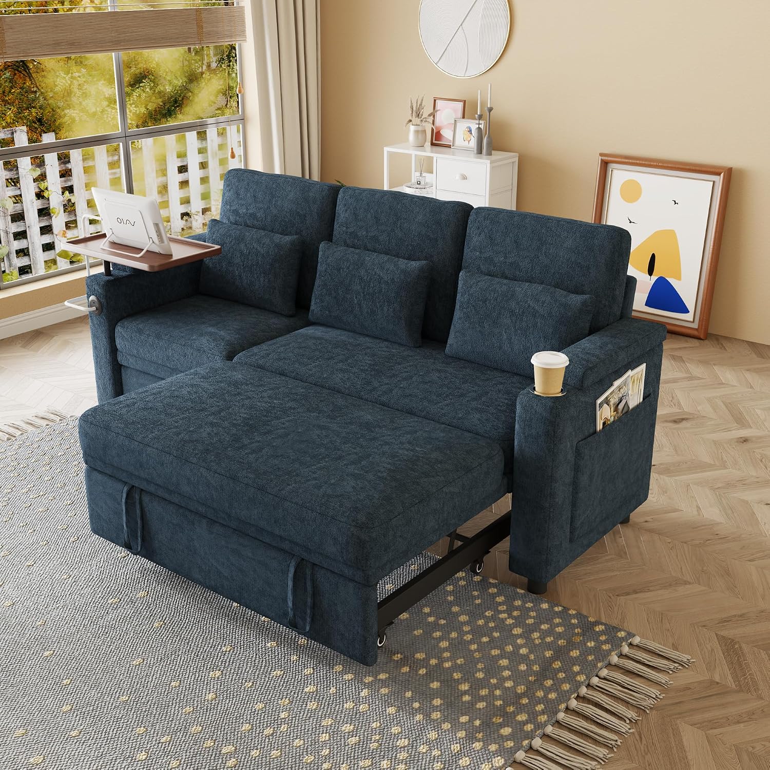 Oversized Modular Sectional Sofa with Reclining Chair, Queen Sleeper Sofa with Pull Out Couch Bed, Hide A Bed Couches Feature Cup Holder, Laptop Table and USB Port for Living Room, Apartment