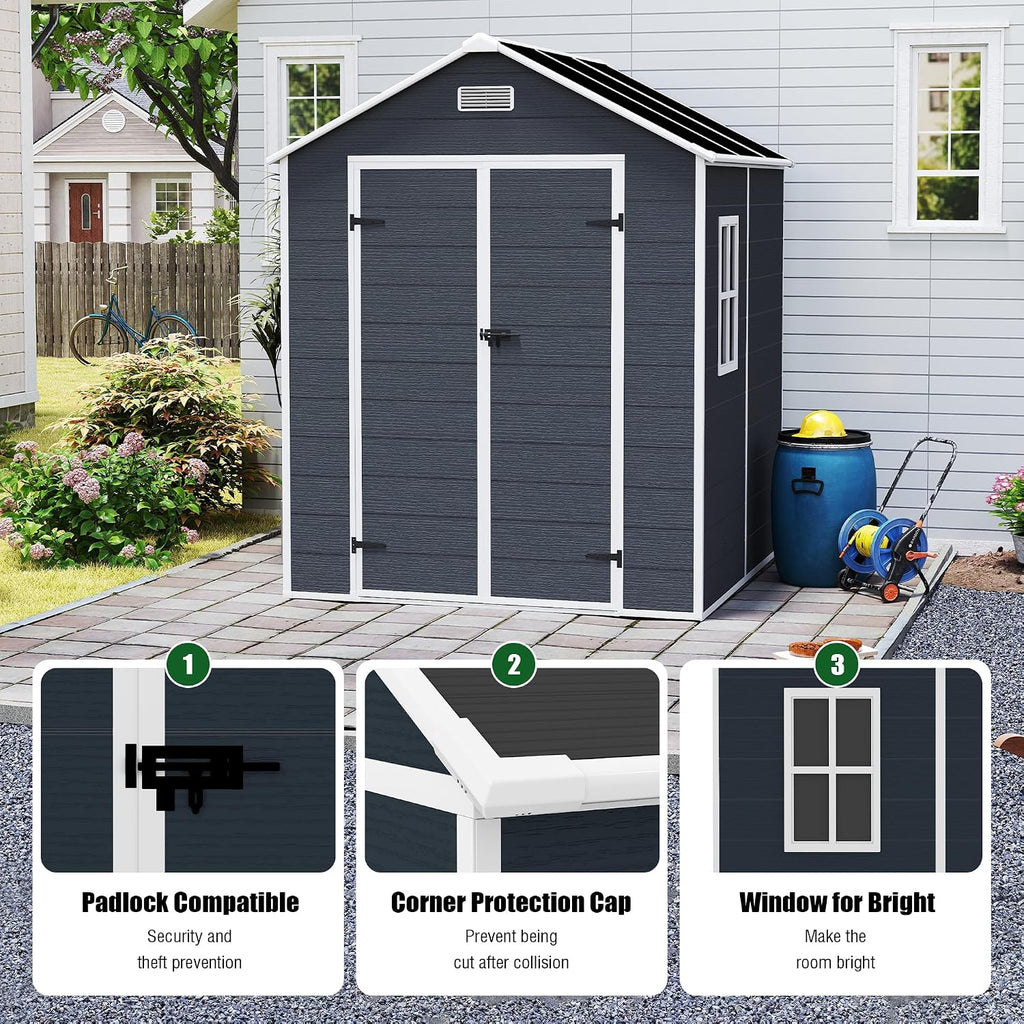 Campcraft 6x6ft Outdoor Storage Shed, Heavy-Duty Resin Plastic Garden Shed with HD Window, Waterproof UV-Resistant Tool Shed for Backyard, Patio & Lawn Equipment 12mm Thick PP Walls (6 x 6 ft)